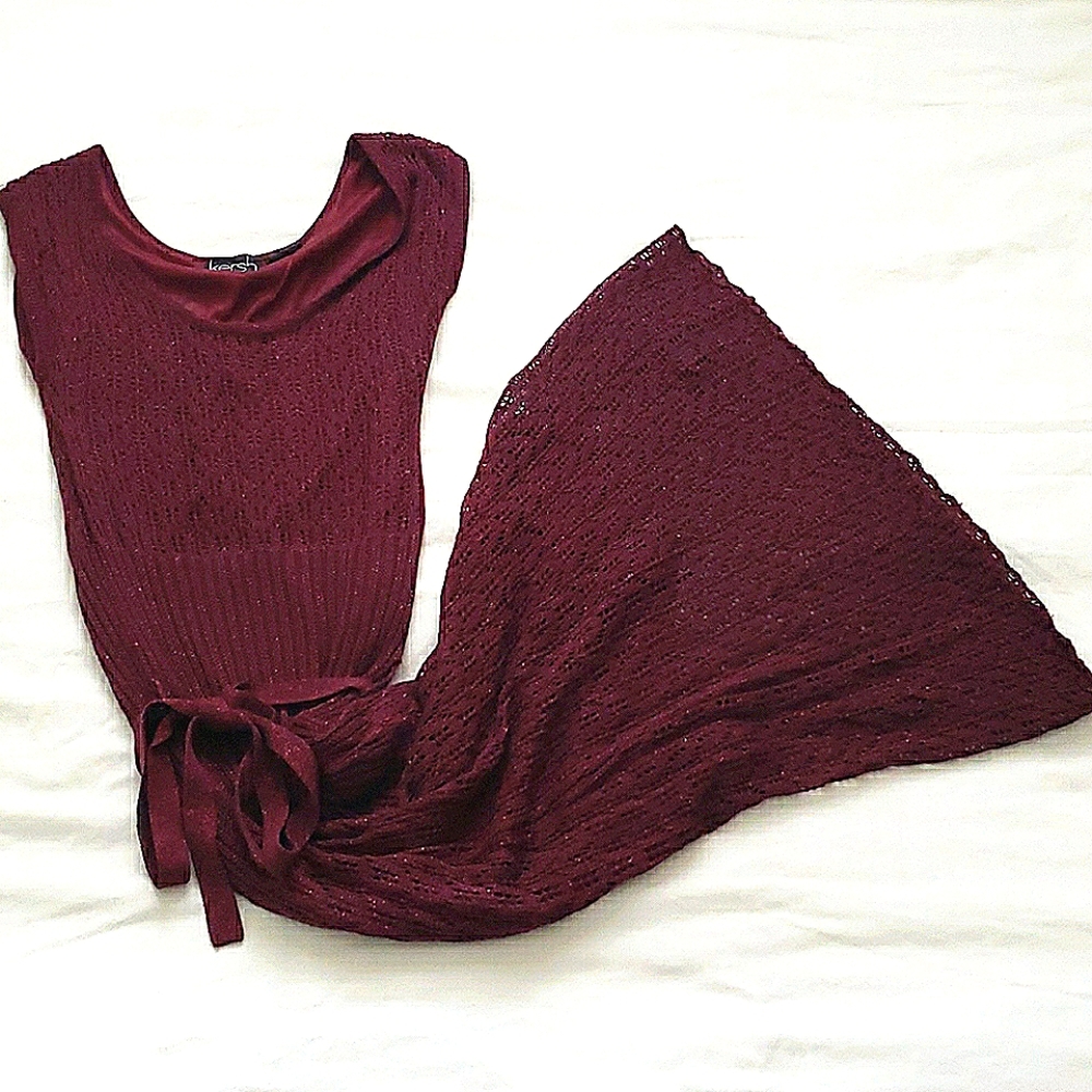 KERSH - Sparkly Holiday Burgundy Knit Dress Tie Waist Crochet Lace S Sma…